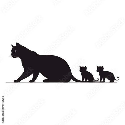 Wild cat and 2 cubs silhouette illustration animal vector