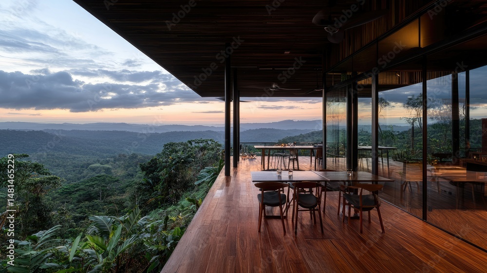 Fototapeta premium A restaurant balcony overlooking lush green mountains at dusk