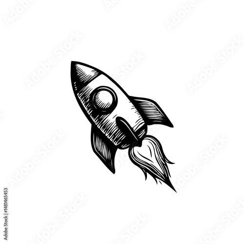 Stylized ink drawing of a rocket taking off on a white background design