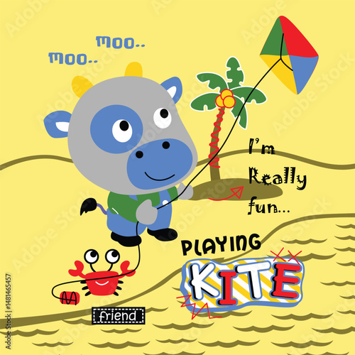 Cartoon cow flying colorful kite on sandy beach with smiling crab friend and palm tree in cheerful outdoor play scene with fun text. Activity illustration concept
