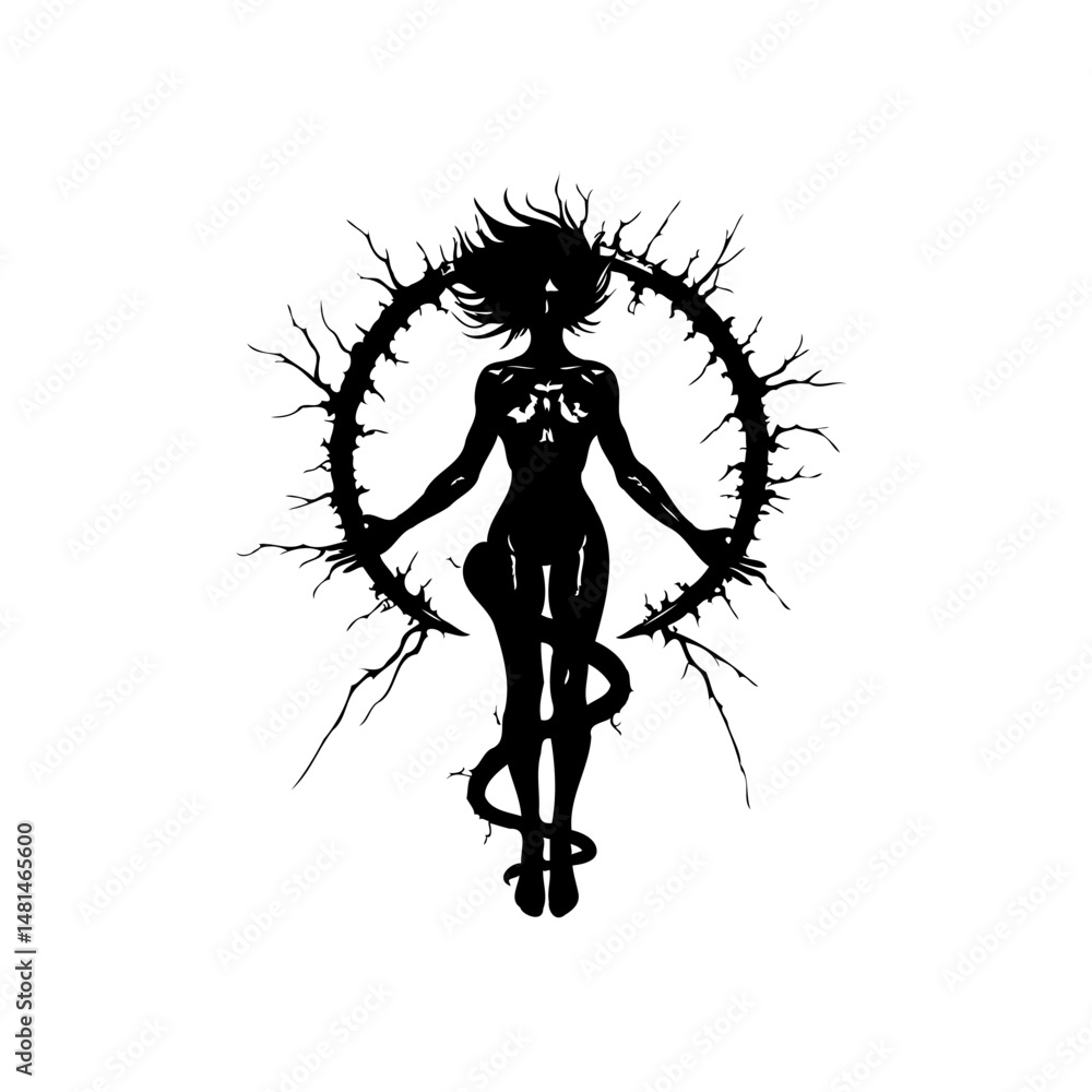 Fototapeta premium Enigmatic figure in a dark circle, mysterious silhouette against white canvas