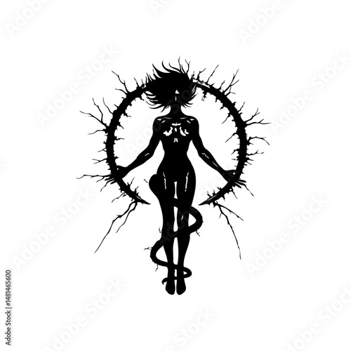 Enigmatic figure in a dark circle, mysterious silhouette against white canvas