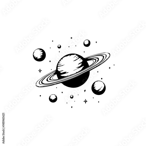 Celestial rendering of a ringed planet amidst stars and cosmic elements