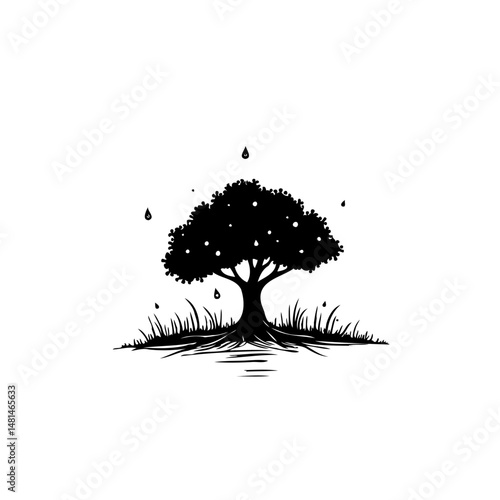 Monochrome arboreal silhouette with ethereal luminescence and teardrop elements