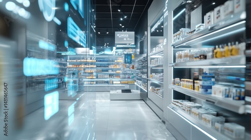 Futuristic pharmacy interior with digital displays