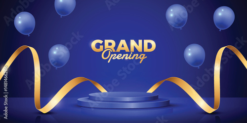 Dark blue elegant grand opening background. Gold ribbon and balloons ceremony opening scene.