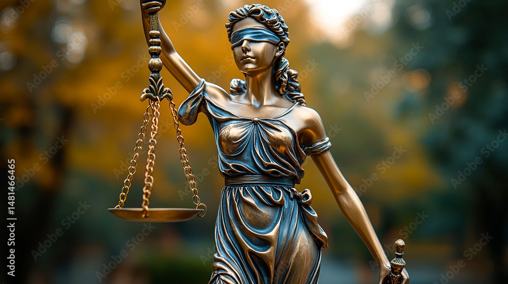 Blind Justice statue holding scales in autumn park Blind Justice statue holding scales in autumn park