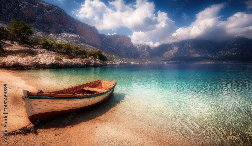 Fototapeta premium Tranquil cove, wooden boat on sandy beach, mountains backdrop