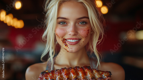 Blonde woman enjoys messy BBQ ribs in restaurant