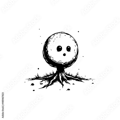 Whimsical Monochrome Illustration of a Tree-like Character with Expressive Eyes