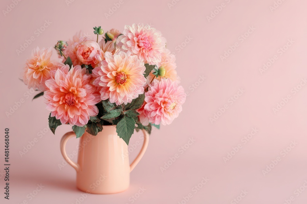 Obraz premium Delicate bouquet of peachy dahlias in a pastel vase.