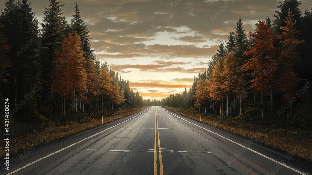 Obraz premium Autumn Road in Sweden: Serene Scenic Route Through the Forest