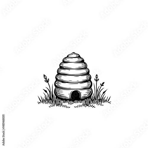 Detailed monochrome sketch of a traditional woven beehive in grassy setting