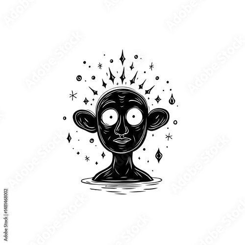 Surreal monochrome head floating amidst celestial sparkling water or liquid