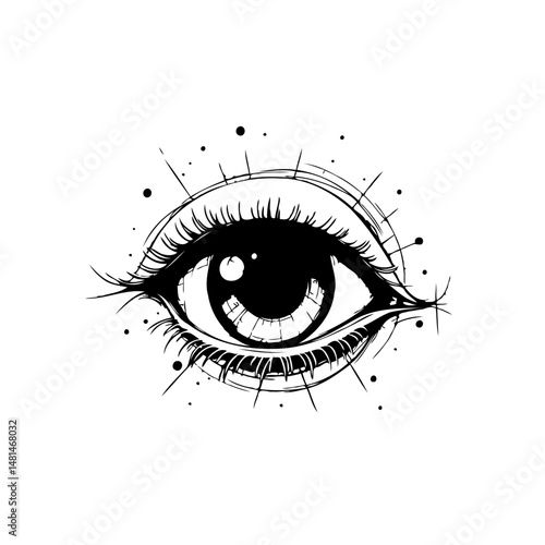 Monochrome representation of an eye with stylized lashes and radiant aura