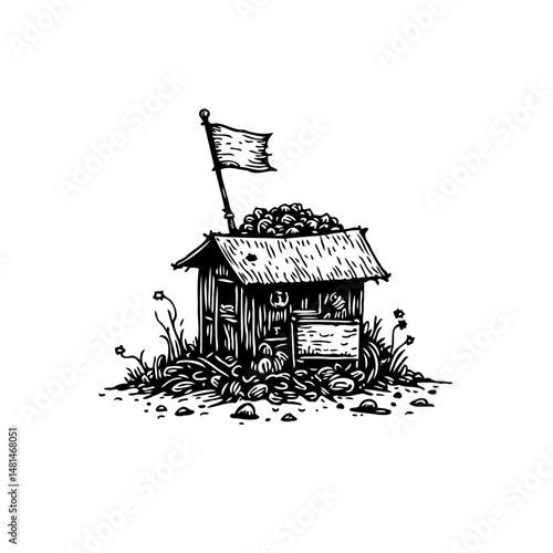 Monochromatic hand-drawn illustration: A humble hut with a flag and pebble foundation