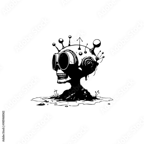 Monochrome whimsical cyborg skull figure emerging from the earthy terrain art