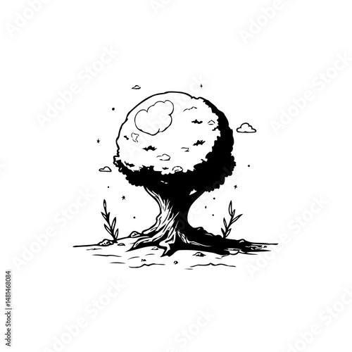 Monochrome depiction showcases a solitary arboreal form with atmospheric elements