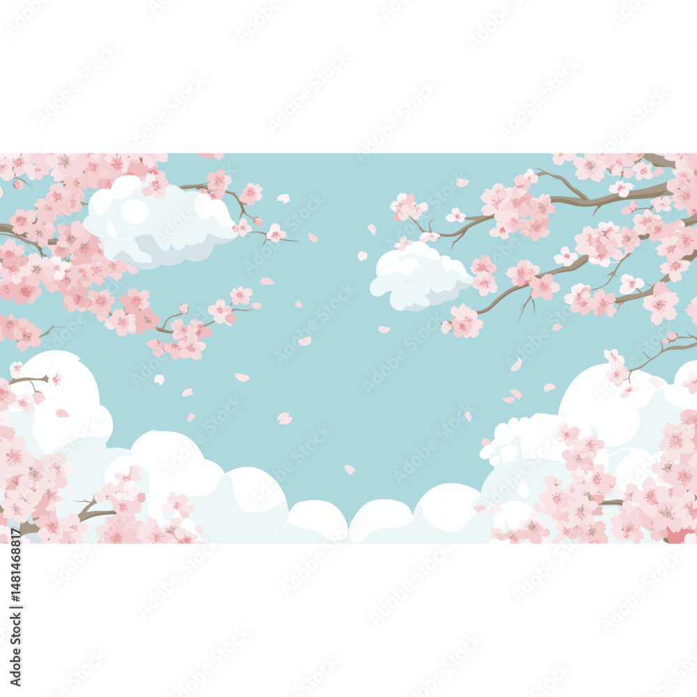 Cherry blossoms and clouds border illustration flowers nature vector