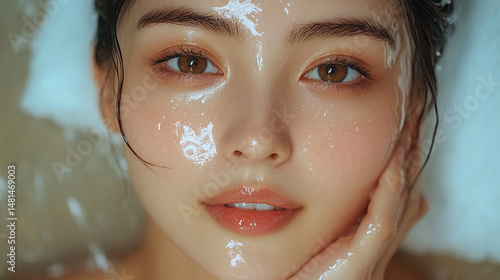 Woman relaxing in bubbly bath, enjoying home spa treatment