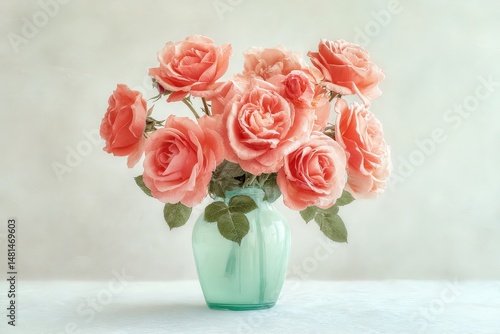 Wallpaper Mural Soft peach roses in a light teal vase. Torontodigital.ca