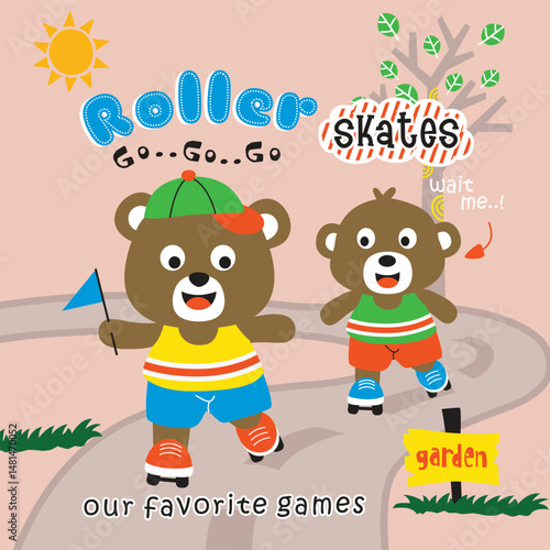 Two cartoon bear friends roller skating on winding garden path with roller skates and go go go text in cheerful sunny outdoor play scene. Sports illustration concept
