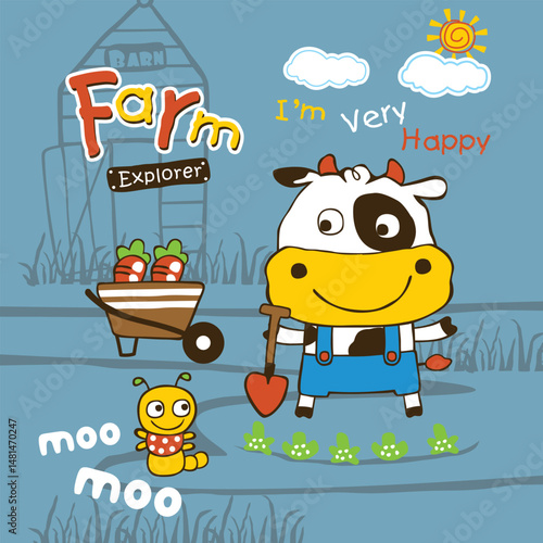 Cartoon cow in overalls gardening with shovel and sprouting vegetables beside carrot cart and happy worm in cheerful farm explorer setting. Agriculture illustration concept
