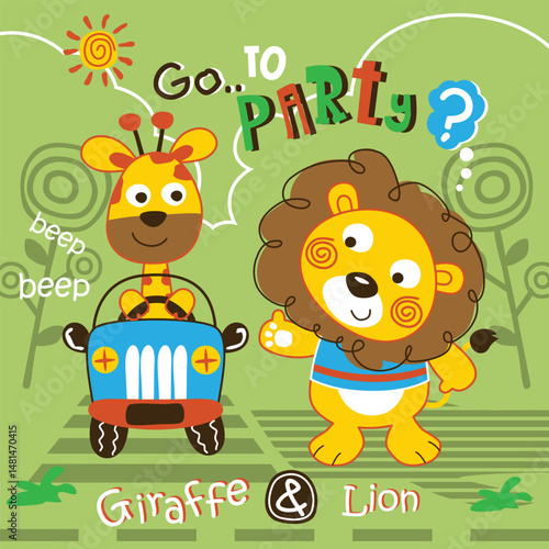 Cartoon giraffe driving blue jeep and waving lion standing together with go to party text in colorful outdoor setting for playful celebration theme. Kids illustration concept
