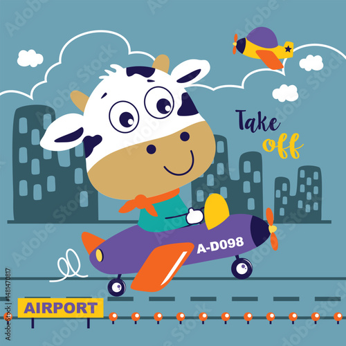 Cartoon cow flying airplane on runway with city skyline, airport sign, and take off message in playful aviation scene for children. Travel illustration concept
