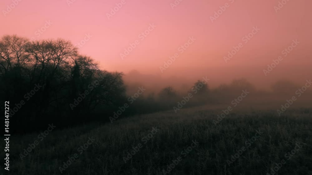 Aerial View of Misty Landscape at Sunrise, Soft pink hues, peaceful fog, calm morning Aerial View of Misty Landscape at Sunrise, Soft pink hues, peaceful fog, calm morning