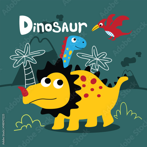 Cartoon dinosaurs in prehistoric jungle with volcanoes, palm trees, and flying pterosaur under dinosaur title in colorful fun environment. Prehistoric illustration concept
