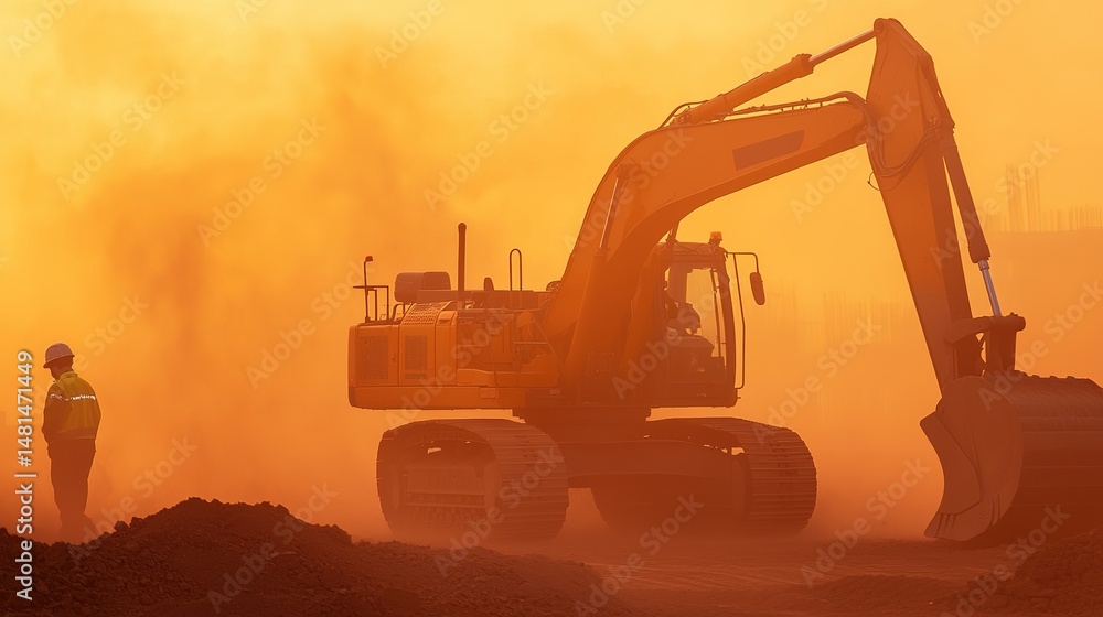 Dynamic construction project at sunrise workers in action in an urban dusty environment Dynamic construction project at sunrise workers in action in an urban dusty environment