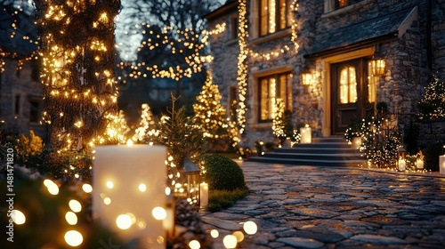 A warmly lit house during the evening with festive decorations