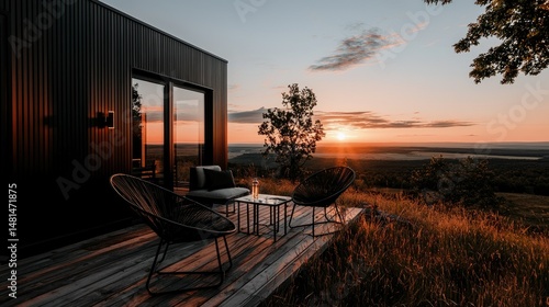 A modern black building with outdoor furniture at sunset