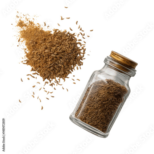 Fototapeta Naklejka Na Ścianę i Meble -  Caraway Seeds in Glass Jar with Spilled Seeds on White Transparent background