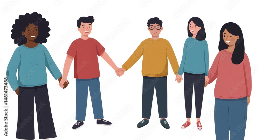 Obraz premium Diverse Group of Young Adults Holding Hands, Symbolizing Unity and Friendship