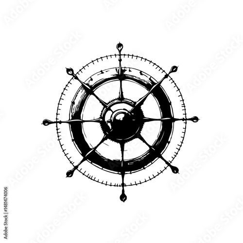 Monochrome nautical wheel illustration evokes seafaring adventure and exploration