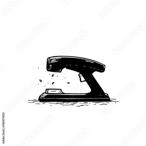Monochrome rendering of a manual stapler tool with floating fragments effect