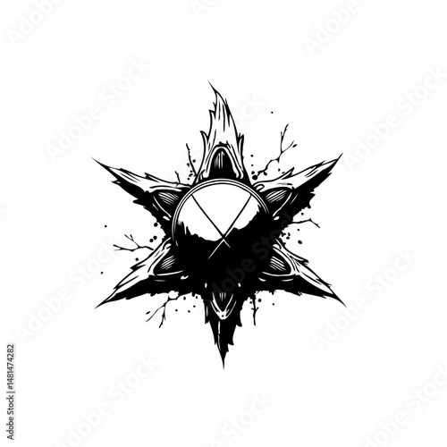 Monochrome abstract starburst design with central circle and dynamic spikes