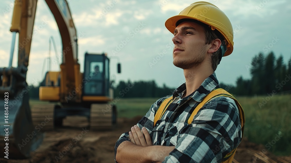 Obraz premium Construction worker celebrates achievement at gigantic construction site outdoor environment inspirational viewpoint