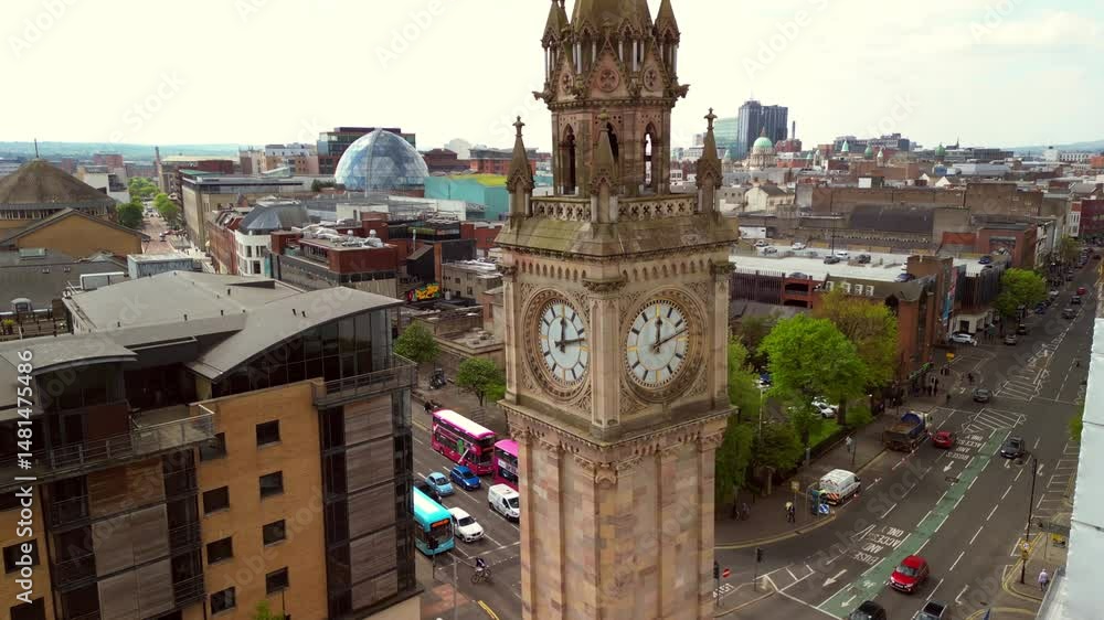 Reversing aerial of the Albert Clock in Belfast City Centre in Northern Ireland, UK. Filmed in 4K, 30fps and with Rec709 Color.