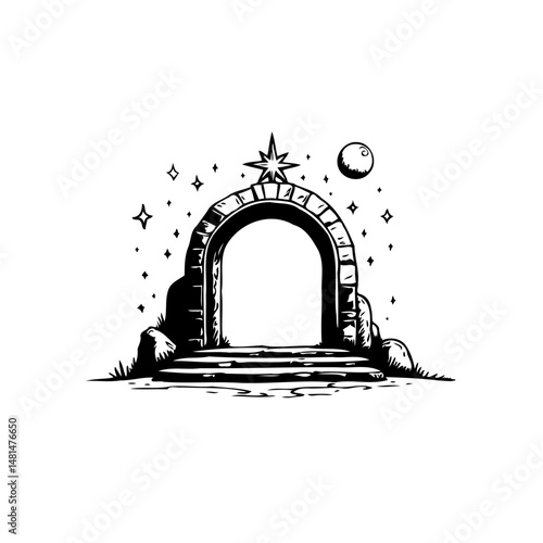 Mystical gateway illustration featuring celestial elements and stone architecture