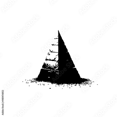 Monochromatic silhouette of a crumbling pyramid structure isolated on white