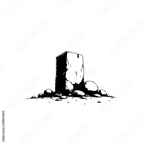 Photos Monochromatic stone monolith surrounded by pebbles, minimalist aesthetic depicti