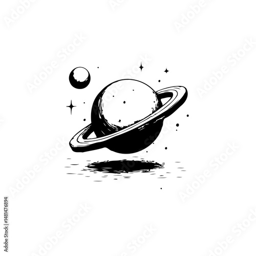 Monochrome depiction of a ringed planet hovering above a textured surface