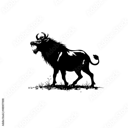 Striking silhouette of a wildebeest exhibiting aggressive vocalization in isolation