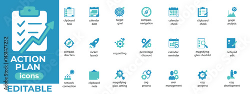 Editable action plan vector icons for business strategy, project planning, and clean modern infographic design