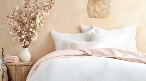 Tranquil interior featuring plush neutral bedding, hanging light fixture, and decorative dried flower vase