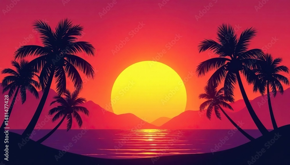Obraz premium Vibrant sunset hues cast a warm glow on silhouetted palm trees , tropical, palm tree silhouette, scene