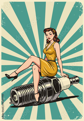 Retro aesthetic poster illustration of a vintage pin-up style woman in a red dress sitting on a car piston or spark plug. Classic glamour and automotive theme design with a radial background